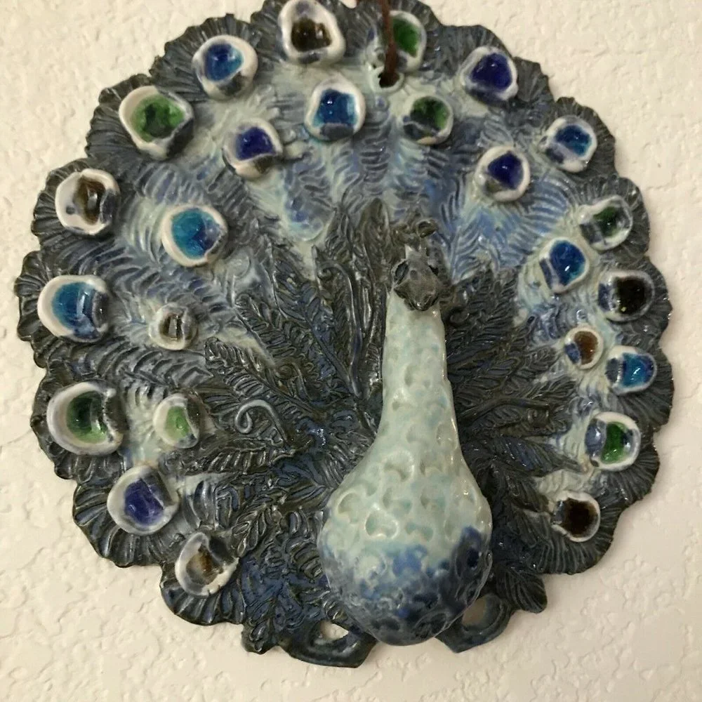 Artisan Blue and Green Sculpted Peacock Funky Ceramic Wall Decor Handmade Signed